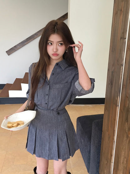 Denim-Look Shirt + Pleated Skirt Set