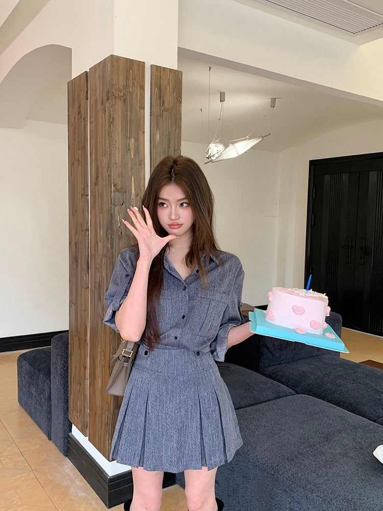 Denim-Look Shirt + Pleated Skirt Set