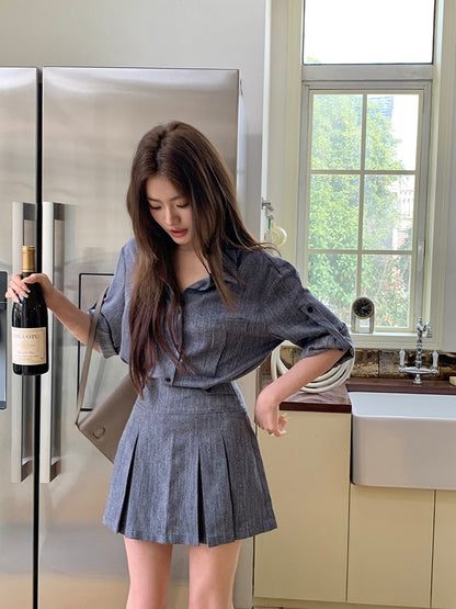 Denim-Look Shirt + Pleated Skirt Set