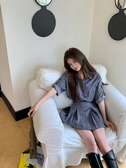 Denim-Look Shirt + Pleated Skirt Set