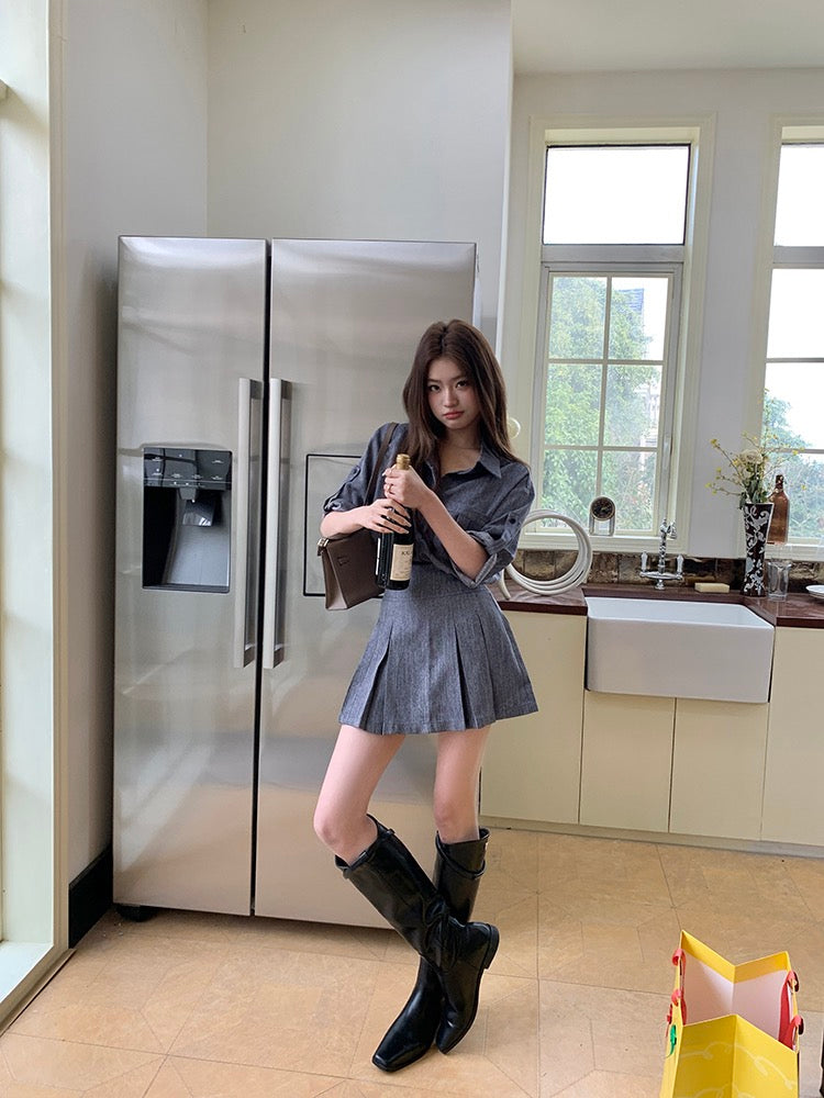 Denim-Look Shirt + Pleated Skirt Set