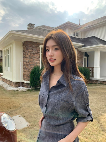 Denim-Look Shirt + Pleated Skirt Set