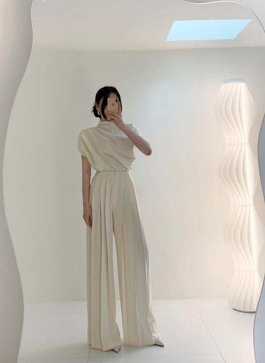 Mandarin Collar Pleated Top + High-Waisted Pleated Trousers Set