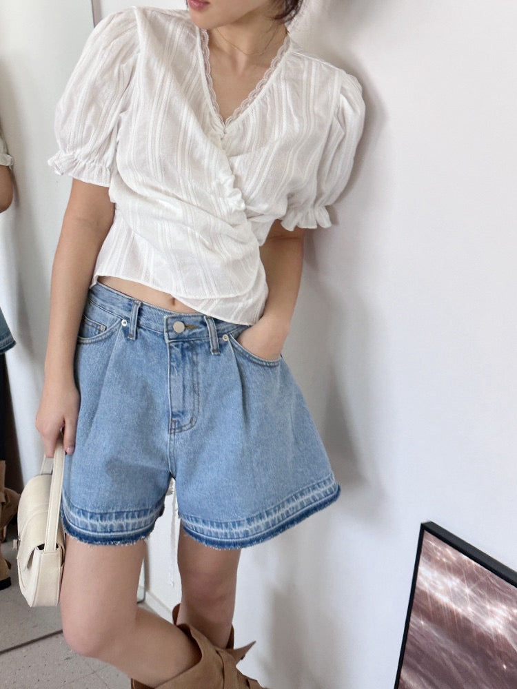 Lace Trim Waist-Cinching Blouse