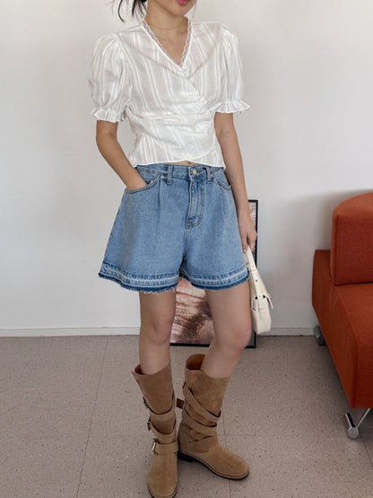 Lace Trim Waist-Cinching Blouse