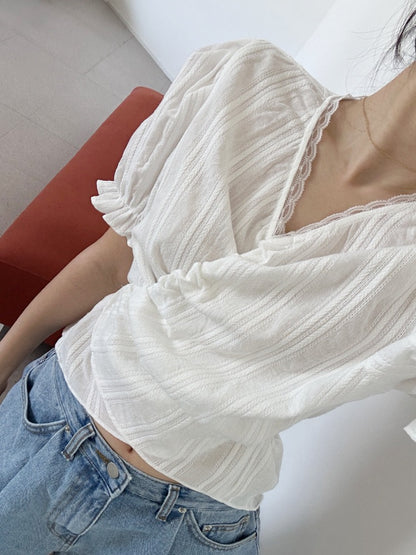 Lace Trim Waist-Cinching Blouse