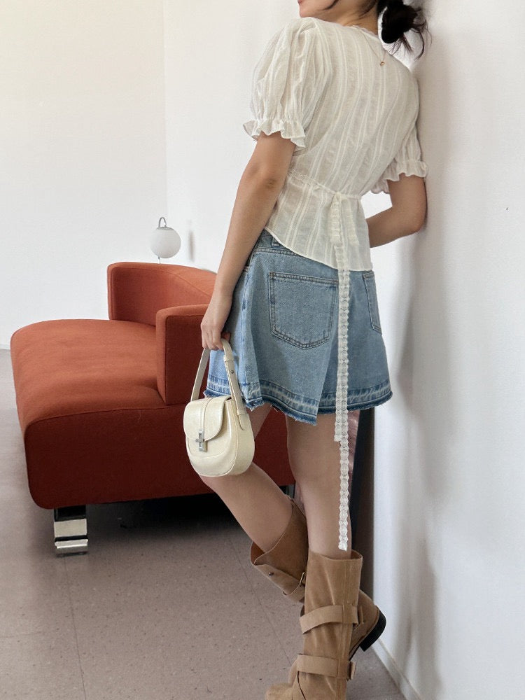 Lace Trim Waist-Cinching Blouse