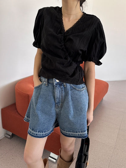 Lace Trim Waist-Cinching Blouse