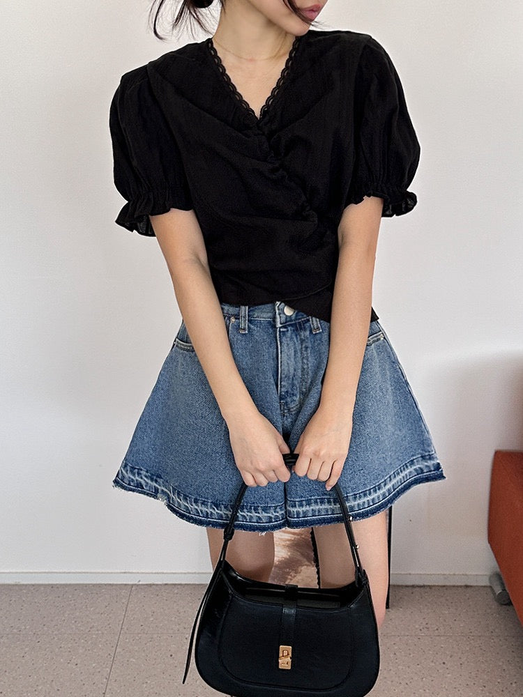 Lace Trim Waist-Cinching Blouse