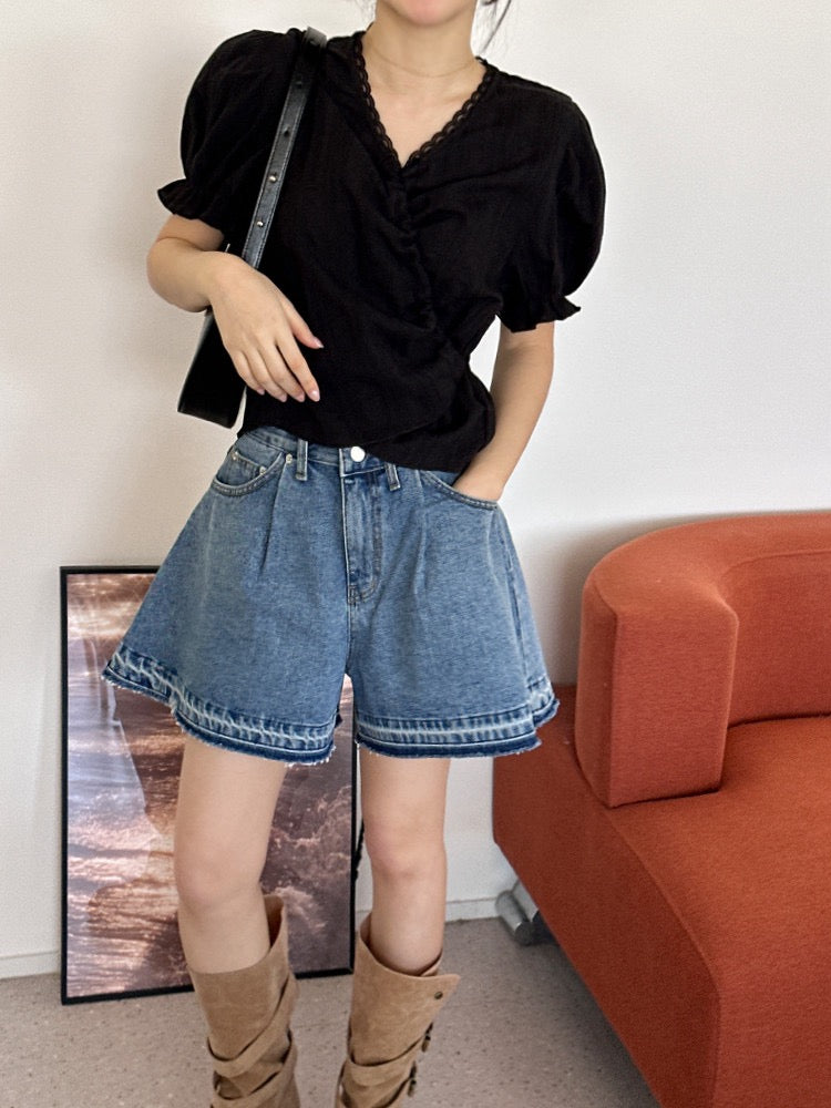 Lace Trim Waist-Cinching Blouse