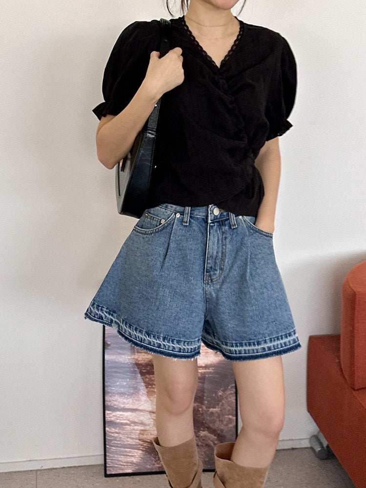 Lace Trim Waist-Cinching Blouse