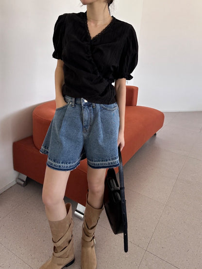 Lace Trim Waist-Cinching Blouse