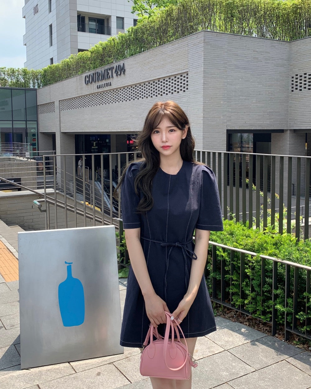 泡泡袖不規則連身裙