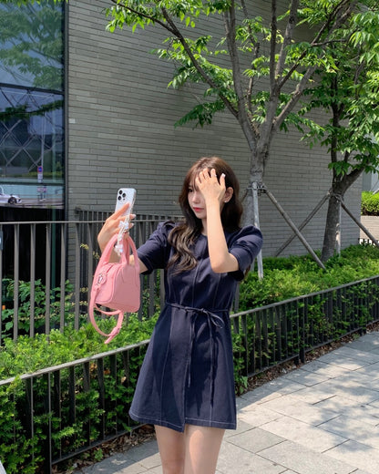 泡泡袖不規則連身裙