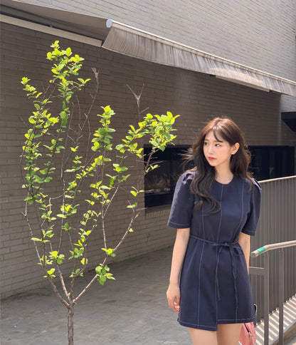 泡泡袖不規則連身裙