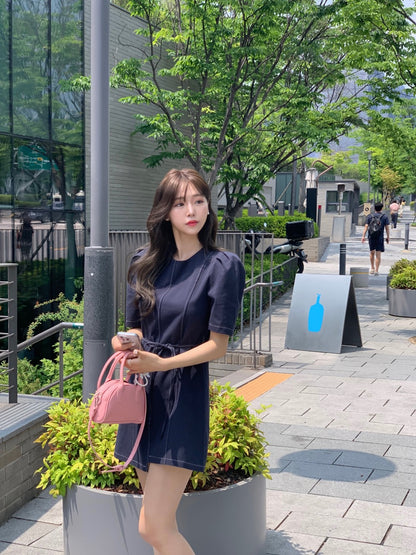 泡泡袖不規則連身裙