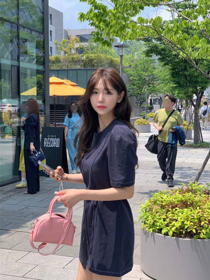 泡泡袖不規則連身裙