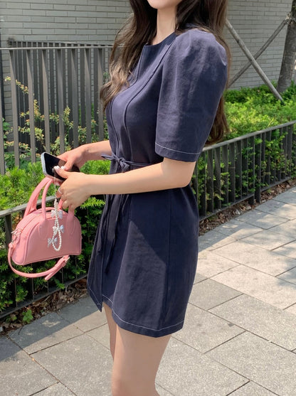 泡泡袖不規則連身裙