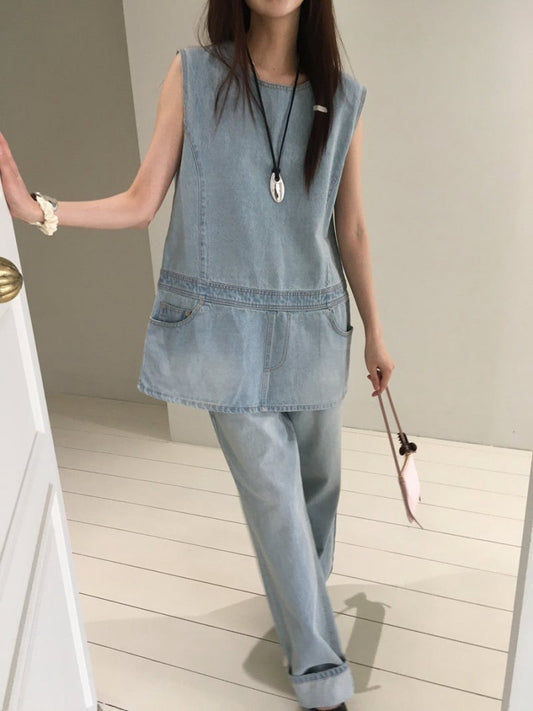 假兩件圓領牛仔連身裙