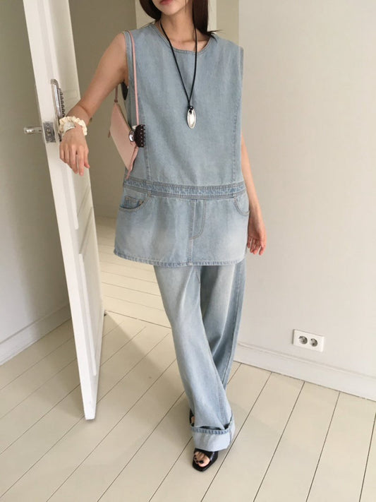 假兩件圓領牛仔連身裙