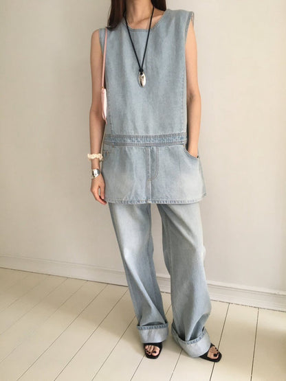 假兩件圓領牛仔連身裙