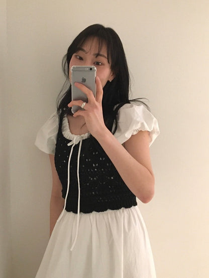 クロシェセーターストラップキャミソール+パフスリーブワンピースセット