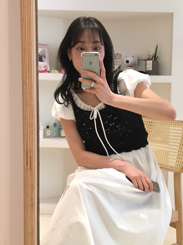 クロシェセーターストラップキャミソール+パフスリーブワンピースセット