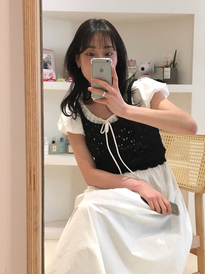 クロシェセーターストラップキャミソール+パフスリーブワンピースセット