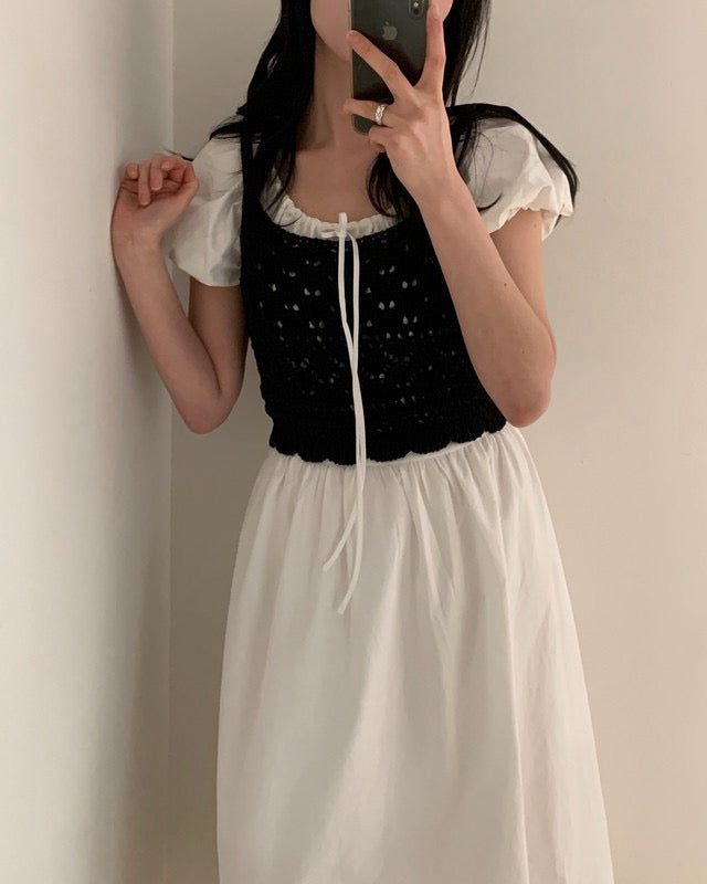 クロシェセーターストラップキャミソール+パフスリーブワンピースセット