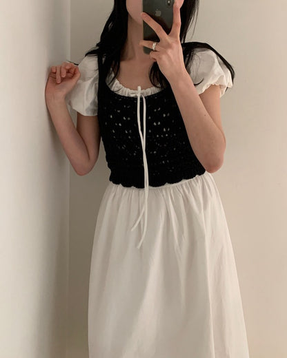 クロシェセーターストラップキャミソール+パフスリーブワンピースセット