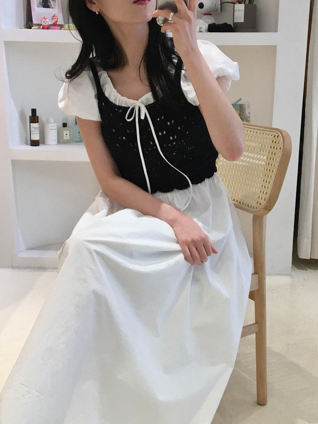 クロシェセーターストラップキャミソール+パフスリーブワンピースセット