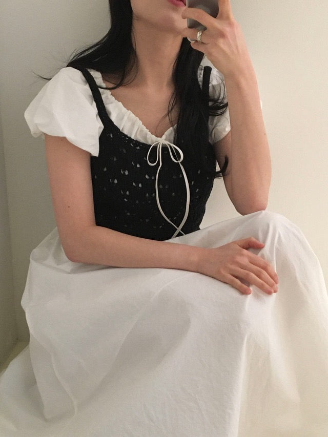 クロシェセーターストラップキャミソール+パフスリーブワンピースセット