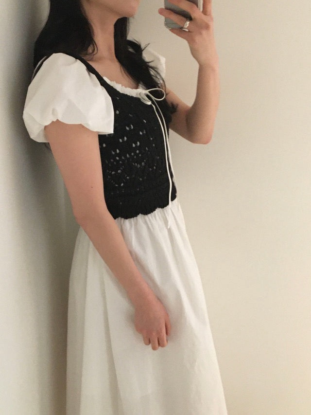 クロシェセーターストラップキャミソール+パフスリーブワンピースセット