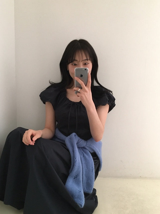 クロシェセーターストラップキャミソール+パフスリーブワンピースセット