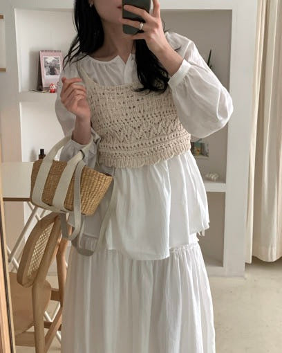 クロシェセーターストラップキャミソール+パフスリーブワンピースセット