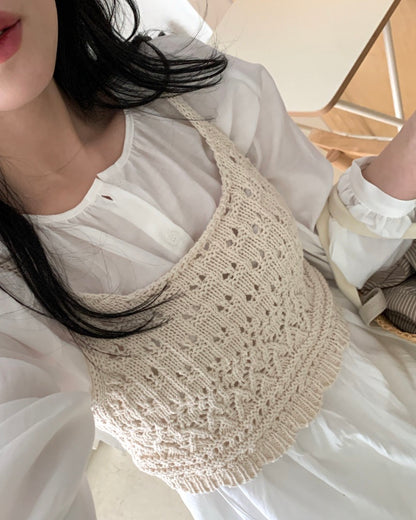 クロシェセーターストラップキャミソール+パフスリーブワンピースセット