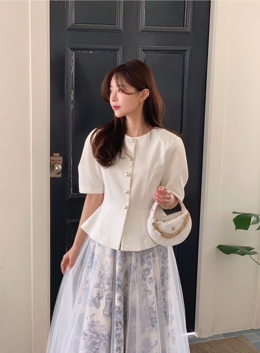 圓領單排扣收腰短袖小外套