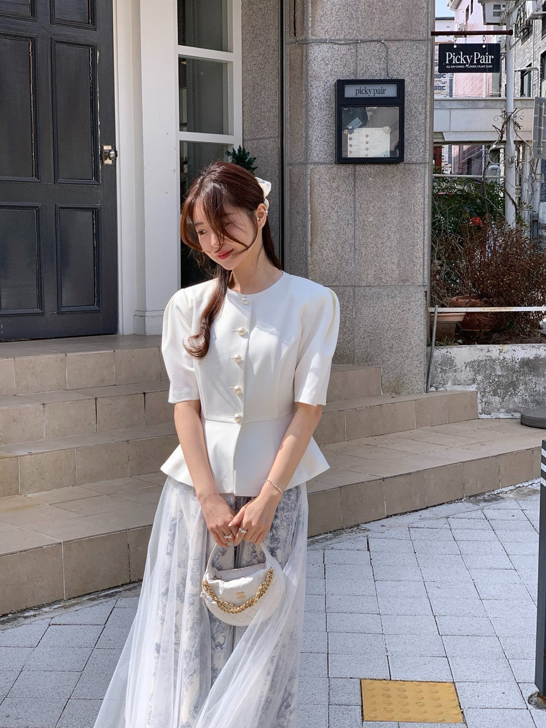 圓領單排扣收腰短袖小外套