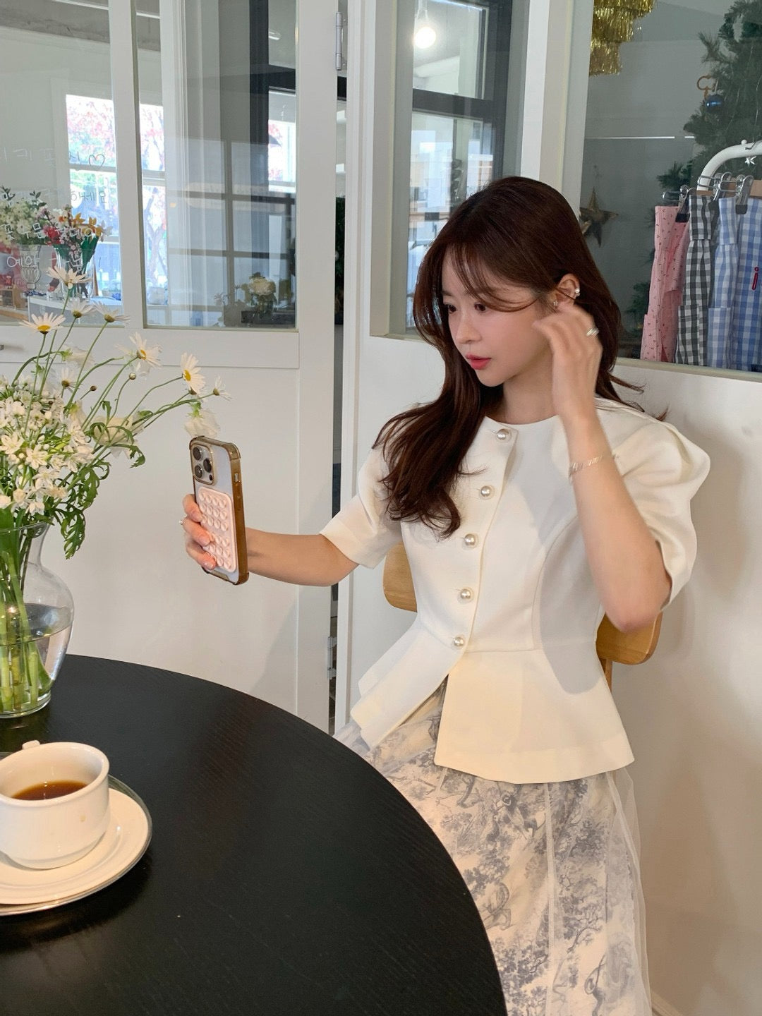 圓領單排扣收腰短袖小外套