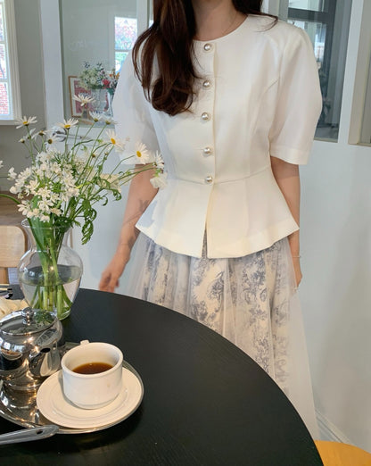 圓領單排扣收腰短袖小外套