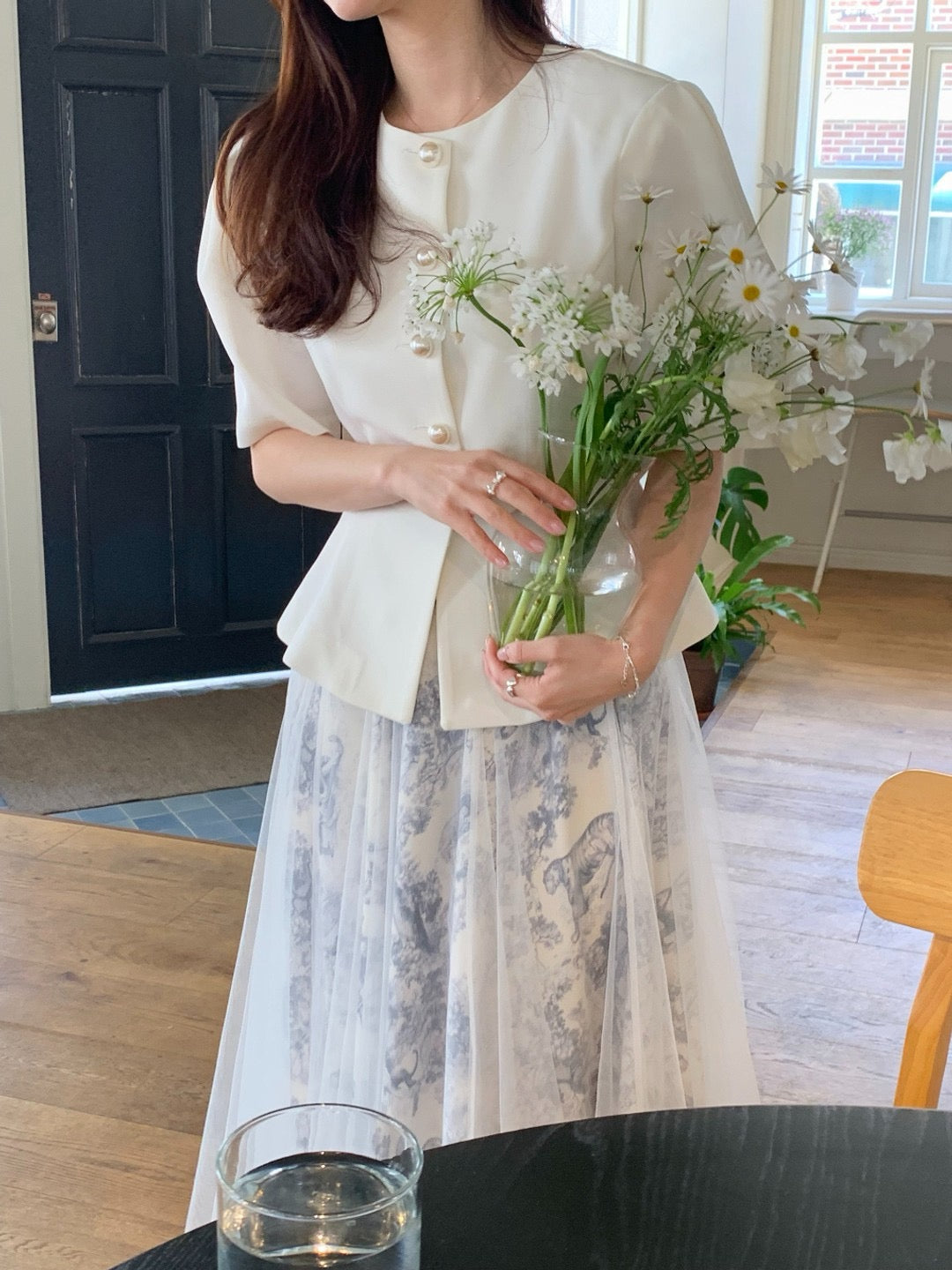 圓領單排扣收腰短袖小外套