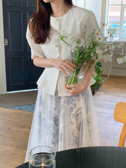 圓領單排扣收腰短袖小外套