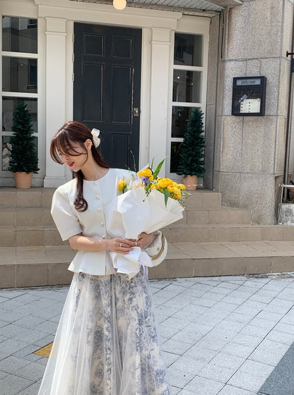 圓領單排扣收腰短袖小外套