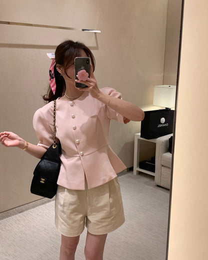 圓領單排扣收腰短袖小外套