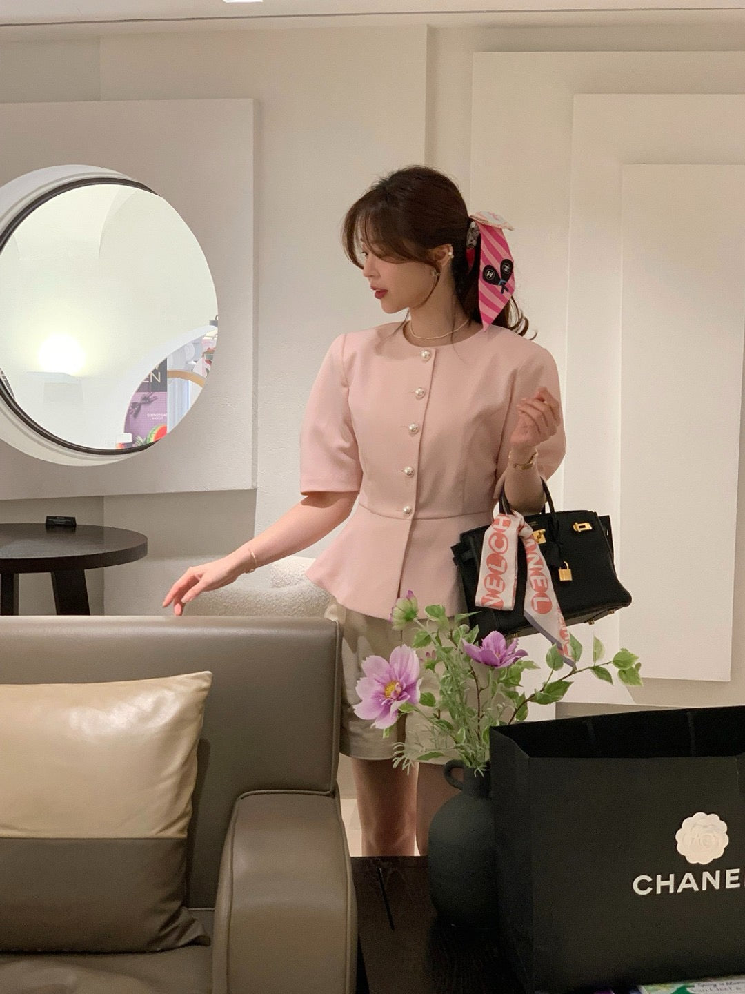 圓領單排扣收腰短袖小外套