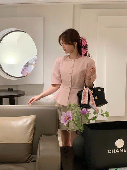 圓領單排扣收腰短袖小外套