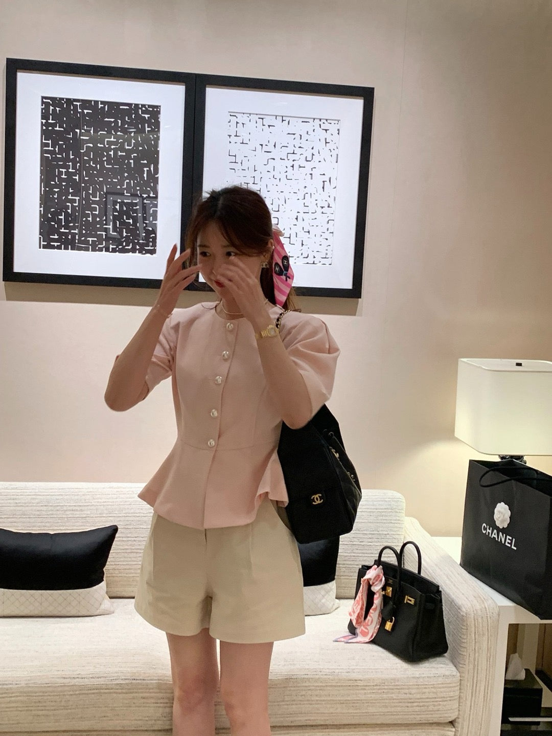 圓領單排扣收腰短袖小外套