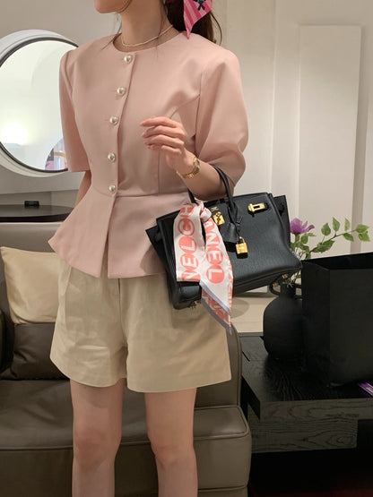 圓領單排扣收腰短袖小外套