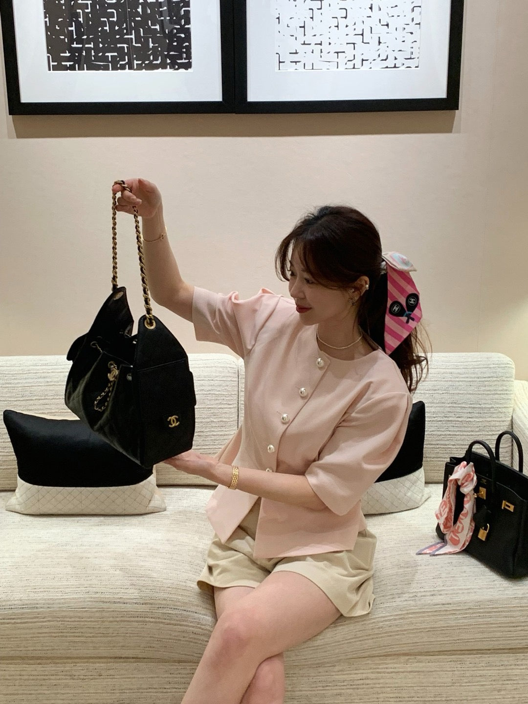 圓領單排扣收腰短袖小外套