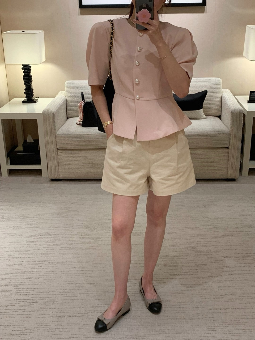 圓領單排扣收腰短袖小外套